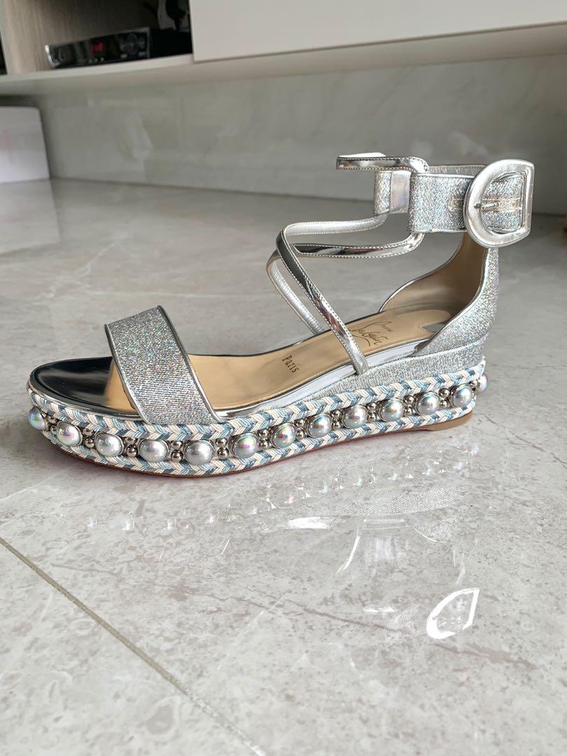 Christian Louboutin silver cataclou espadrilles sandals heels 38