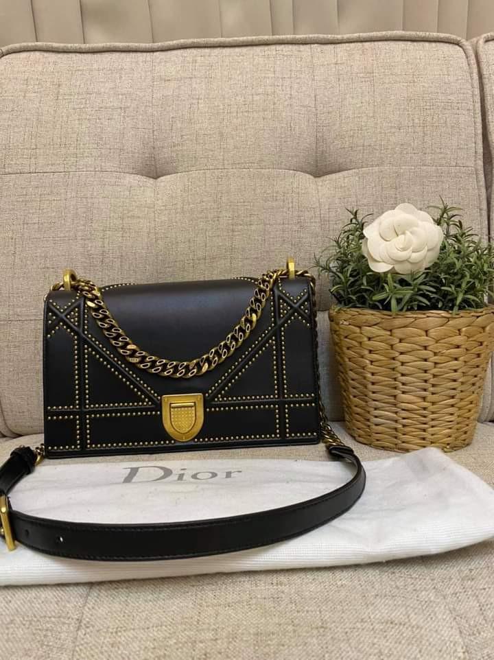 Christian Dior Gold Studded Leather Diorama Medium Flap Bag