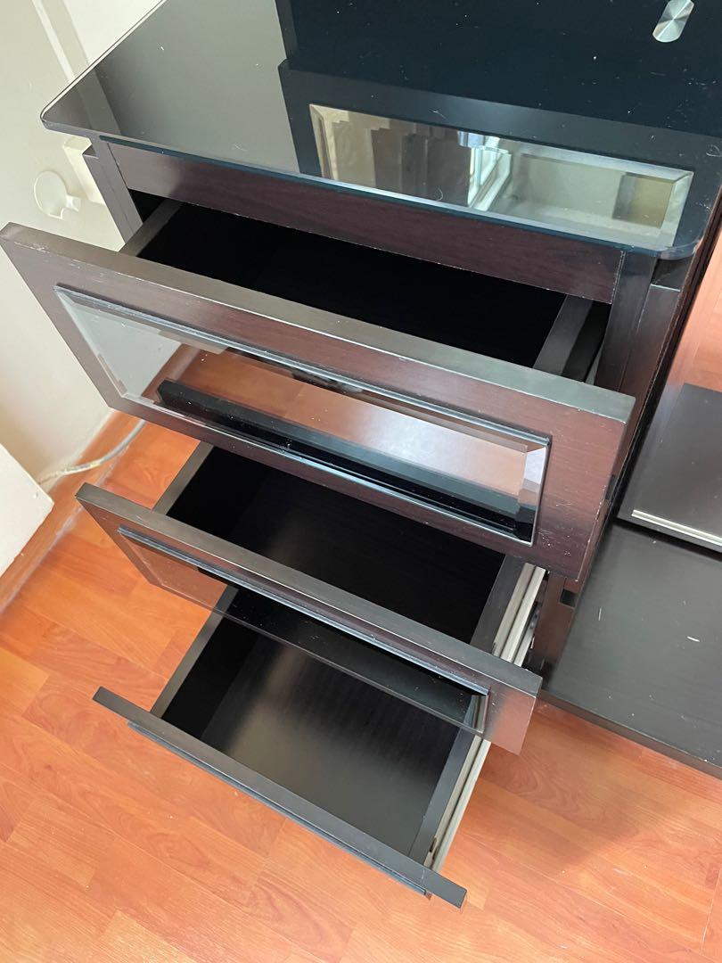 Dressing Table (Category: Shelves, Cabinets & Racks) located in Singapore. Submitted by blessed711 (Listing ID 1110659331, Image 3). Description: Well-kept good quality compact dresser/dressing table with 2 mirrors, 1 full-length. 3 smooth pull out drawers and many sturdy shelves. Cleaned and sanitised. Overall Dimensions in cm: Right side: 175(h)x70.5(w)x12(d) Left side top (excluding open area): 88(h)x 39(w) 3 drawer section: 76(h) x40(d)x39(w)