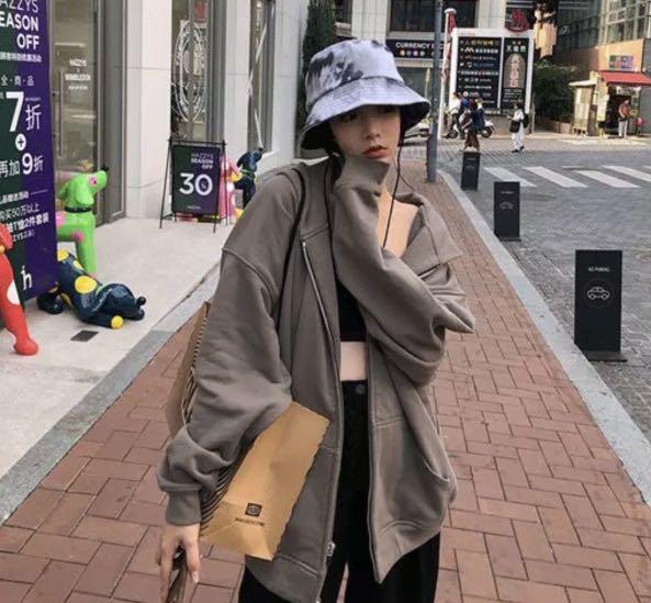 oversized dark grey zip up jacket sweatshirt hoodie korean uzzlang