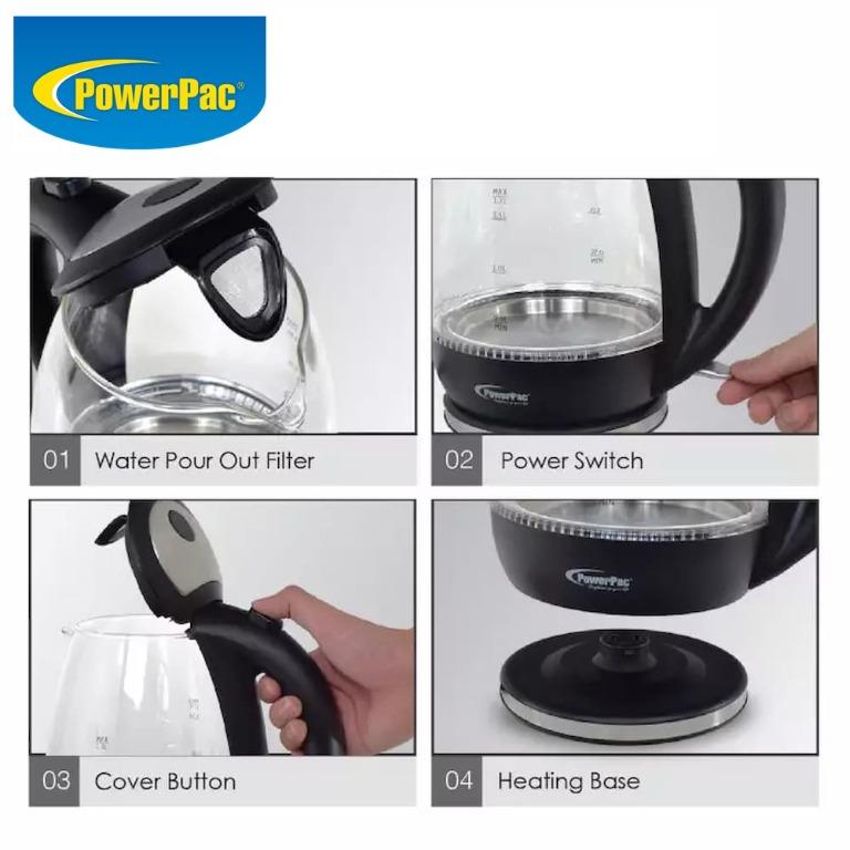 PowerPac PPJ2004G Cordless Kettle Jug 1.7L Glass Jug with UK Strix ...