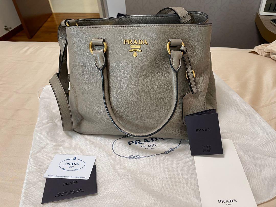 Prada 1BA058 Vitello Phenix Leather Convertible Bag Argilla