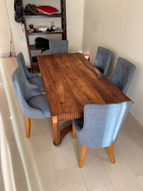 Renewed Wood dining table + 6 Fabric dining Chairs, Furniture & Home