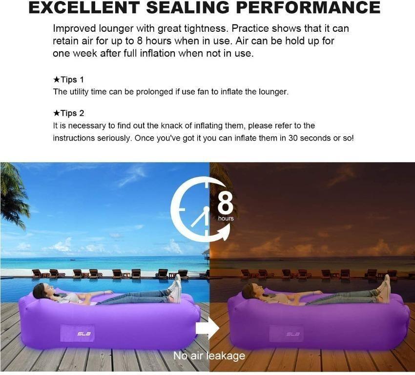 SLB Inflatable Lounger Waterproof Air Sofa Lounger with Headrest Portable Air Filled Lounger with Storage Bag for Camping Garden Beach and Pool Purple N1004 Sports Equipment Sports Games Water Sports ...