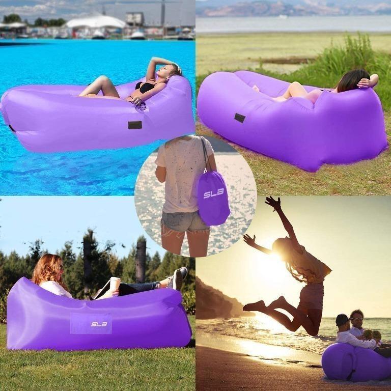 SLB Inflatable Lounger Waterproof Air Sofa Lounger with Headrest Portable Air Filled Lounger with Storage Bag for Camping Garden Beach and Pool Purple N1004 Sports Equipment Sports Games Water Sports ...
