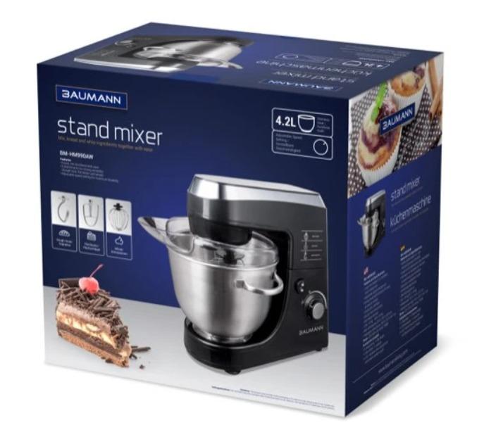 Baumann Stand Mixer (On-hand) (Category: Bakeware) located in Manila. Submitted by homeappliances.ph (Listing ID 1104999124, Image 1). Description: Features & Benefits -Large removable 4.2 L stainless steel mixing bowl -Adjustable speed setting -Mixing head with tilt button for easy accessory change -Sturdy, anti-slip base for safety and stability -Hands-free mixing action offers complete bowl coverage -Overheat protection -Low working noise leve