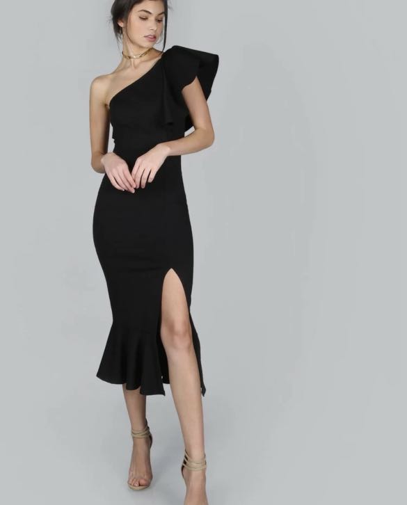 one shoulder black dress long