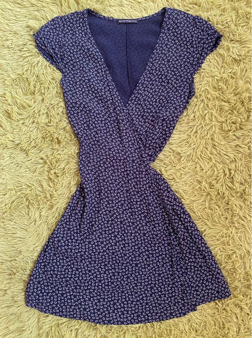 Brandy Melville Navy Blue Robbie Floral Wrap Dress, Women's