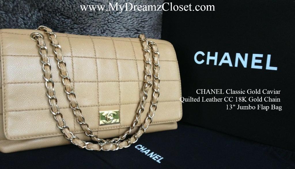 CHANEL Classic Gold Caviar Quilted Leather CC 18K Gold Chain 13" Jumbo Flap Bag (Category: Bags & Wallets) located in Vancouver. Submitted by mydreamzcloset_vancouver (Listing ID 1105056731, Image 1). Description: GOLD CAVIAR USD 2,500 CHANEL Classic Gold Caviar Quilted Leather CC 18K Gold Chain 13" Jumbo Flap Bag AUTHENTICITY IS 100% GUARANTEED ELSE FULL REFUND INCLUDING SHIPPING COST Condition : Exterior : Surface - a scratch above the cc with 