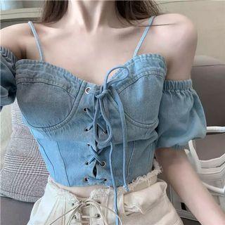 Cold shoulder lace up bust denim crop top