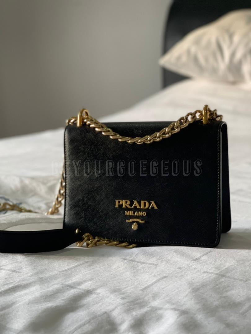 Prada Pattina Saffiano Black Gold Chain Crossbody Bag, Luxury