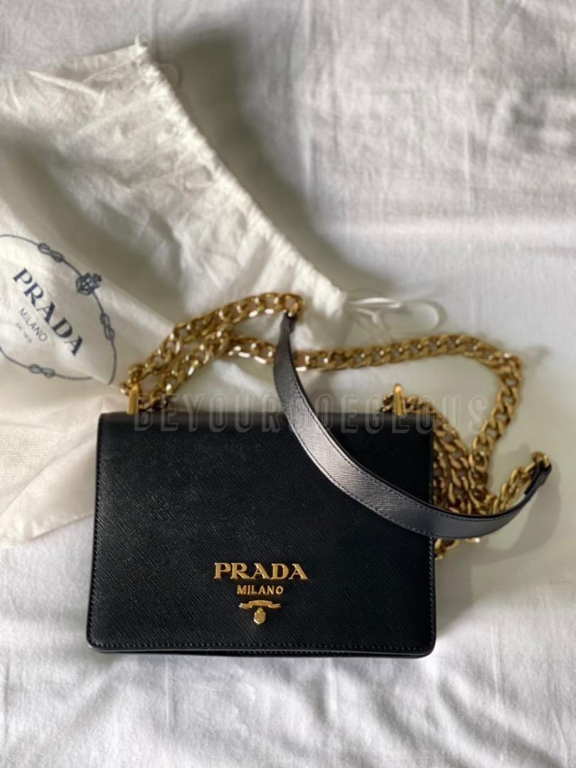 Prada Pattina Saffiano Black Gold Chain Crossbody Bag, Luxury, Bags &  Wallets on Carousell