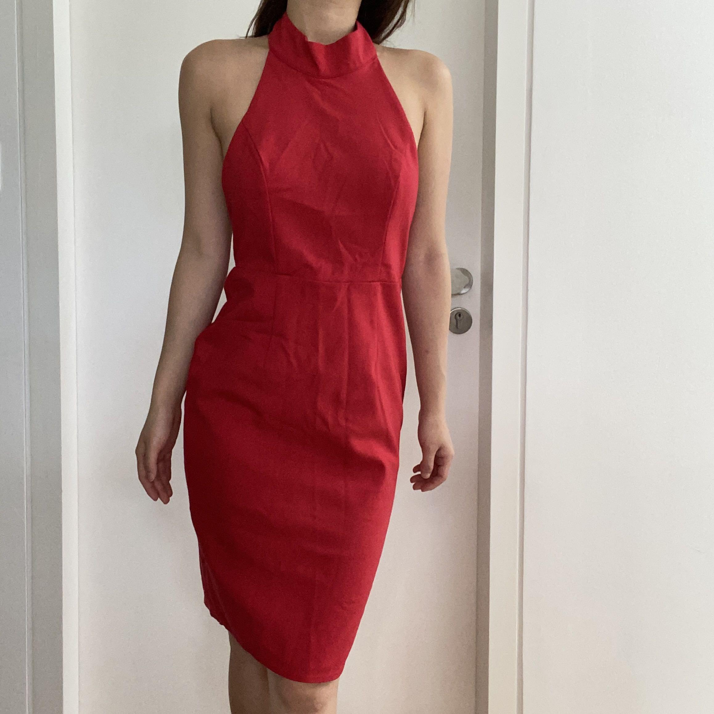 Red halter dress hotsell