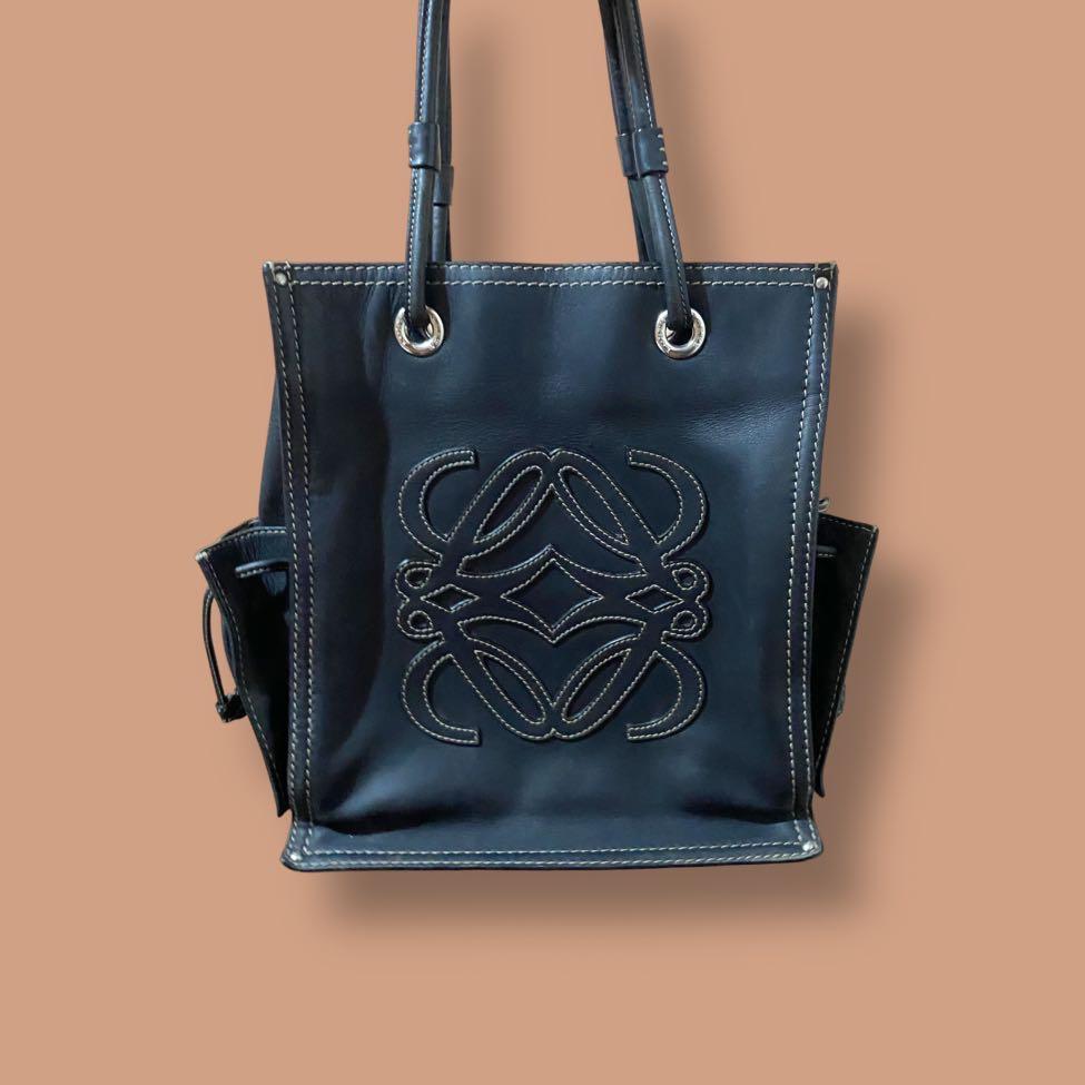 Vintage Loewe Logo Black Leather Tote, Luxury, Bags & Wallets on Carousell