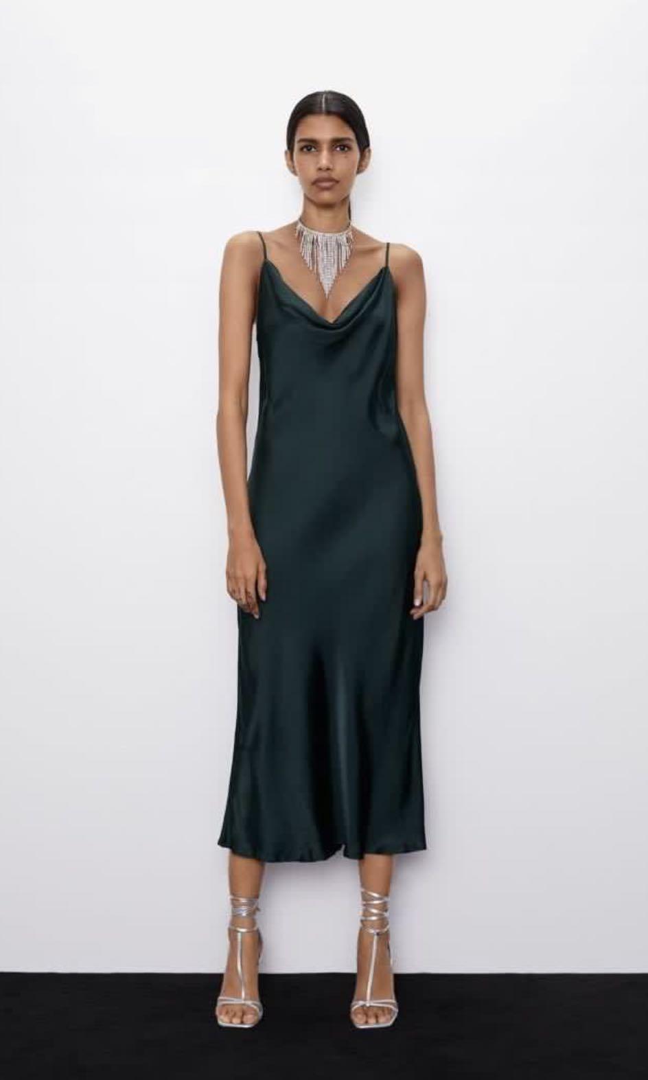 Zara Satin Midi dress - Green, Women's ...