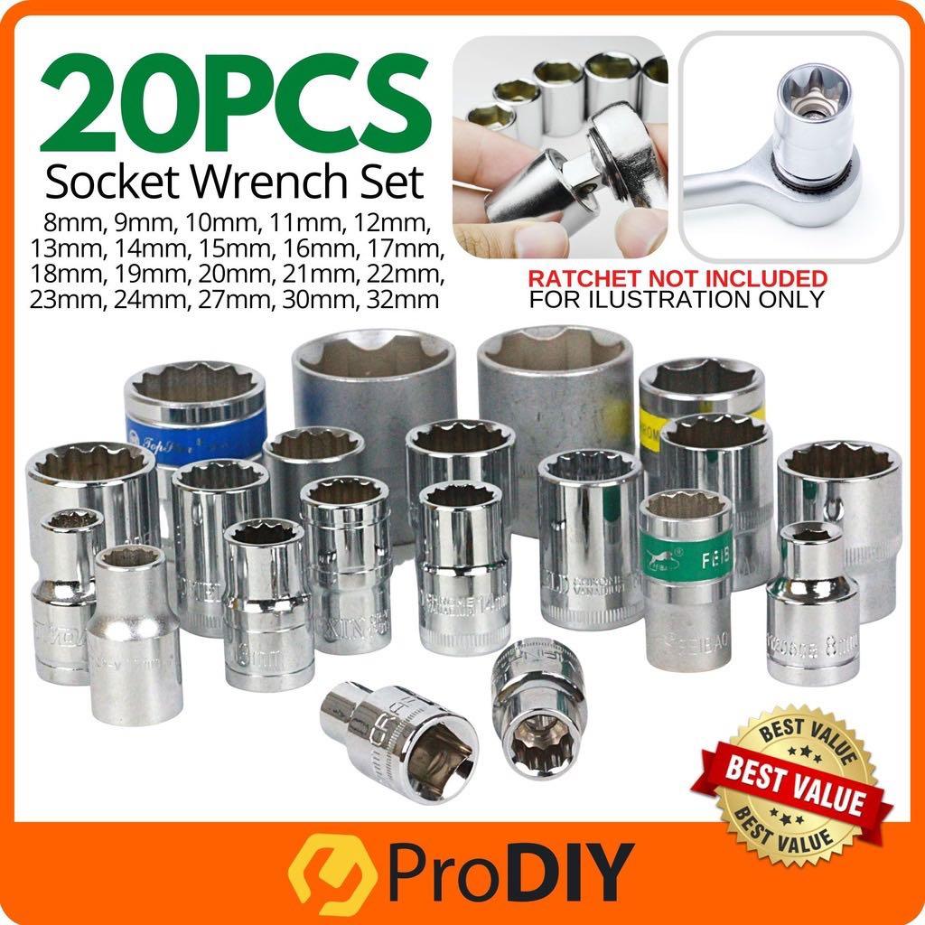 20pcs ( 8mm - 32mm ) 1/2 Inch Socket Wrench Set Impact Socket ...