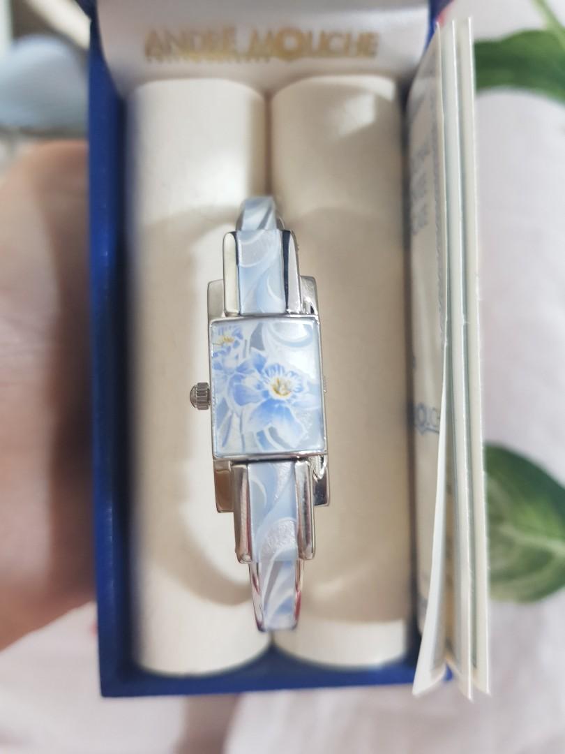 Montre André Mouche Vintage - Cadran Argenté/bleu, Acier, Quartz, Pour Femme