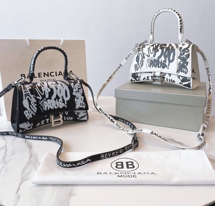 BALENCIAGA Calfskin Graffiti Hourglass Top Handle Bag XS Black White 746106   FASHIONPHILE