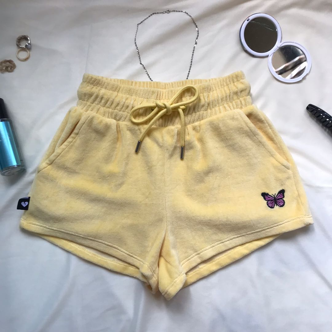 Bershka yellow butterfly embroidered velvet High Waist Shorts