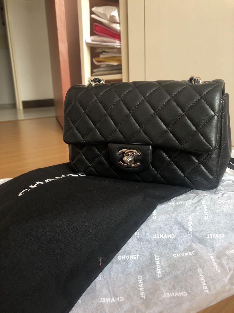 Chanel mini rectangular flap (Category: Cross-body Bags) located in Singapore. Submitted by priz____ (Listing ID 1105177461, Image 1). Description: 2019 Chanel Mini Rectangular Flap Lambskin SHW Good Condition Box, card, dustbag.
