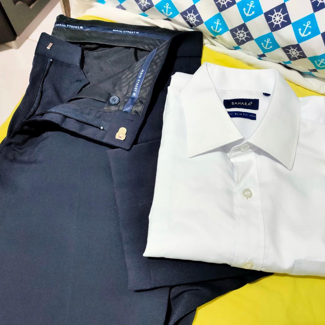 Civil Wedding - Longsleeve and Pants (Category: Sets & Coordinates) located in Cavite. Submitted by saahssy (Listing ID 1104711237, Image 3). Description: -Set- •Longsleeve Brand: Sahara Color: White Size: Medium •Pants Brand: Main Street Color: Navy Blue Size: 34 Never been used. RFS: di natuloy ang wedding last year and hindi na kasya. I posted separately yung jumpsuit ko ,☺️.