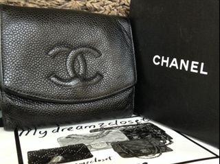 Classic CHANEL Black Caviar Leather Bi Fold 5" Small Wallet with Card/Bill/Coin