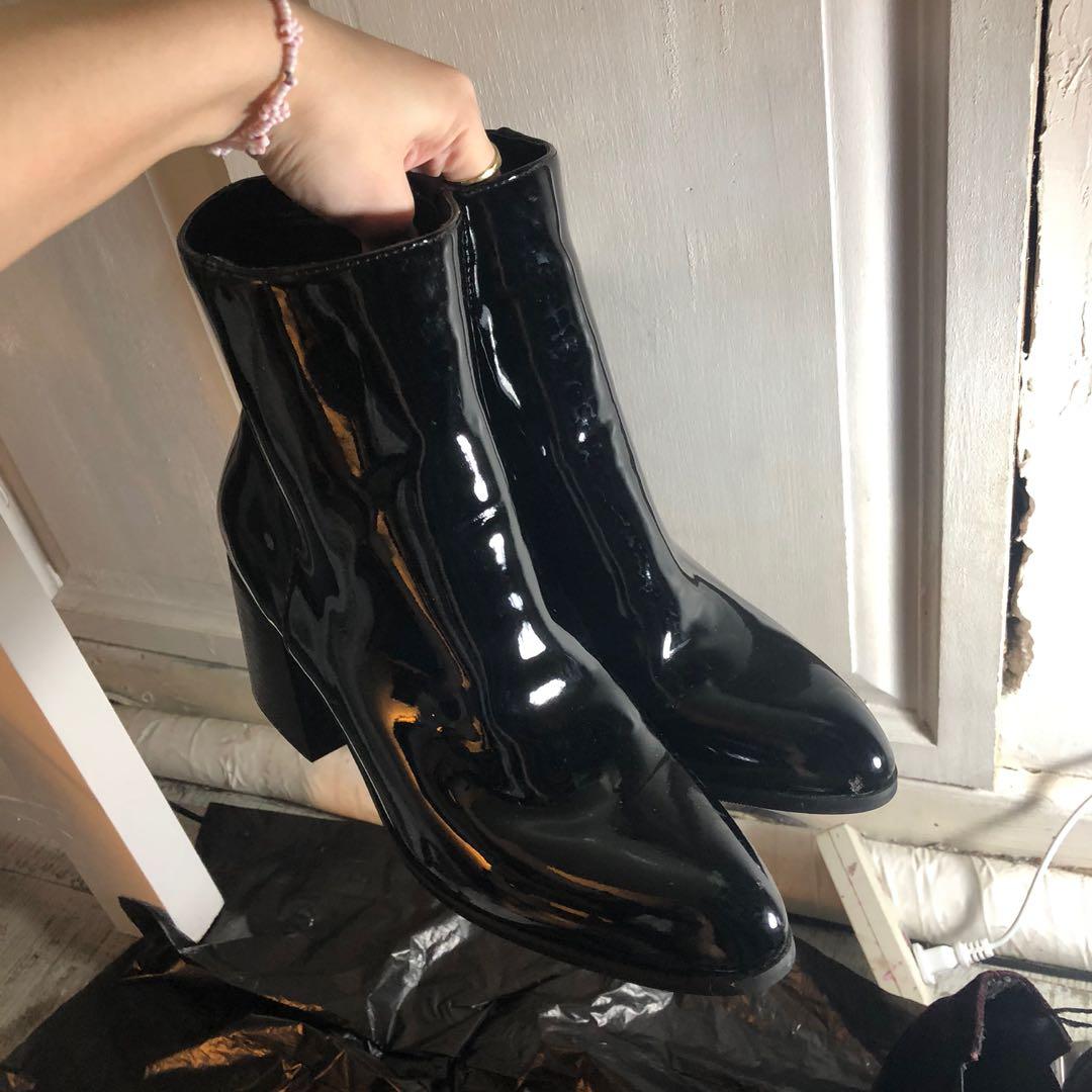 Forever 21 F21 Black Patent Faux Leather Ankle Boots Women s Fashion Footwear Boots on Carousell