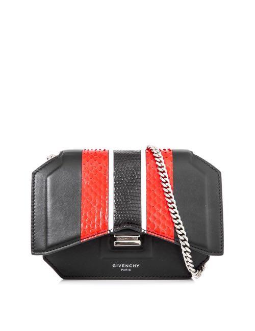 Givenchy Bow Cut Chain Wallet (Python) (Category: Bags & Wallets) located in Singapore. Submitted by ttt.07 (Listing ID 1105232136, Image 1). Description: Brand New Authentic Givenchy Bow Cut Chain Wallet (Python) Comes with original dust bag, article tag and designer booklet Material - Calfskin Leather - Python Skin Leather Made in Italy Exterior - Calfskin leather with python skin stripes - Silver tone hardware - Single chain shoulder strap - P