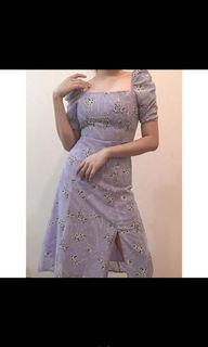 Korean Purple Lilac Floral Slit Midi Dress
