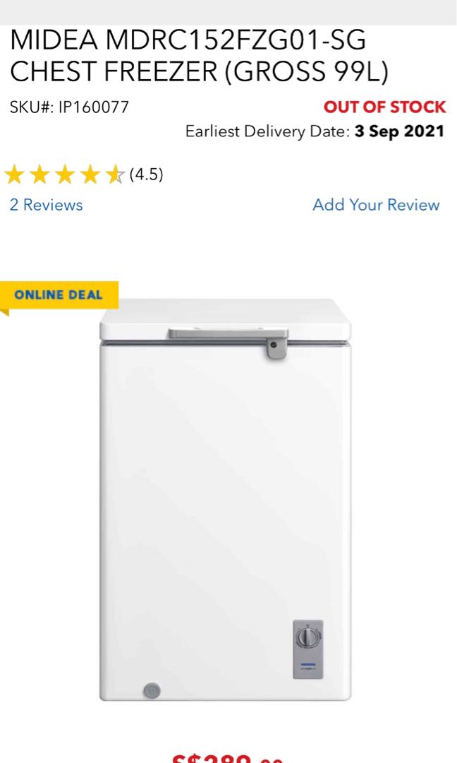 MIDEA MDRC152FZG01SG CHEST FREEZER (GROSS 99L), TV & Home Appliances