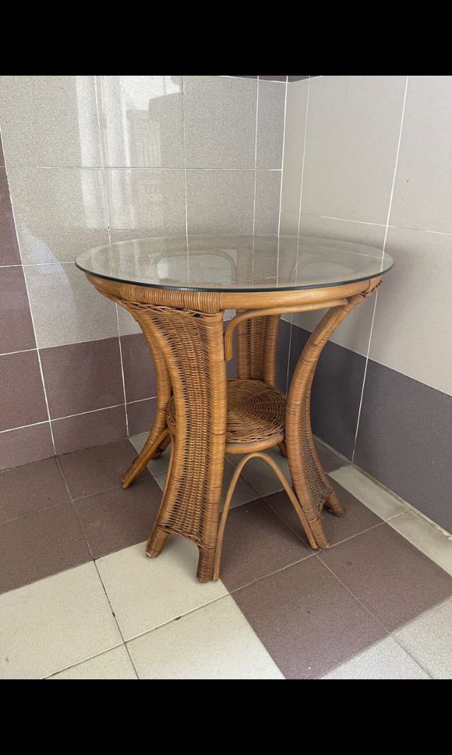Rare vintage rattan table with glass top, Furniture & Home Living
