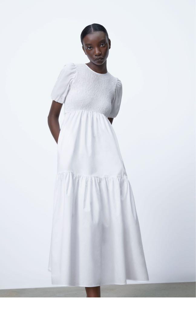 Super SALE Zara Smocked Dress Puff Sleeves White Women s Fashion
