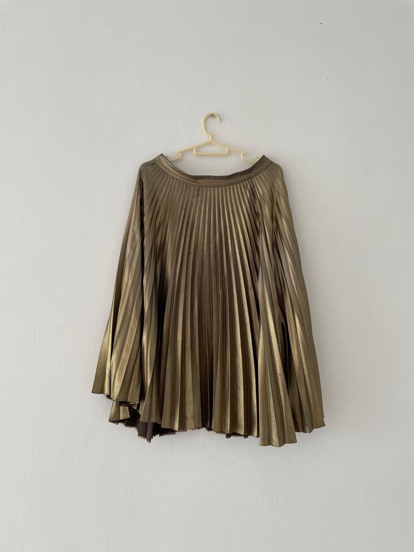 A.L.C. Metallic Gold Bronze Pleated Midi Skirt Women s Fashion