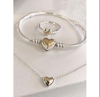 Authentic ☑️ Pandora terno set!! Super sale low price!! GOLDEN DOMED HEART RING NECKLACE AND BRACELET. TAKE ALL