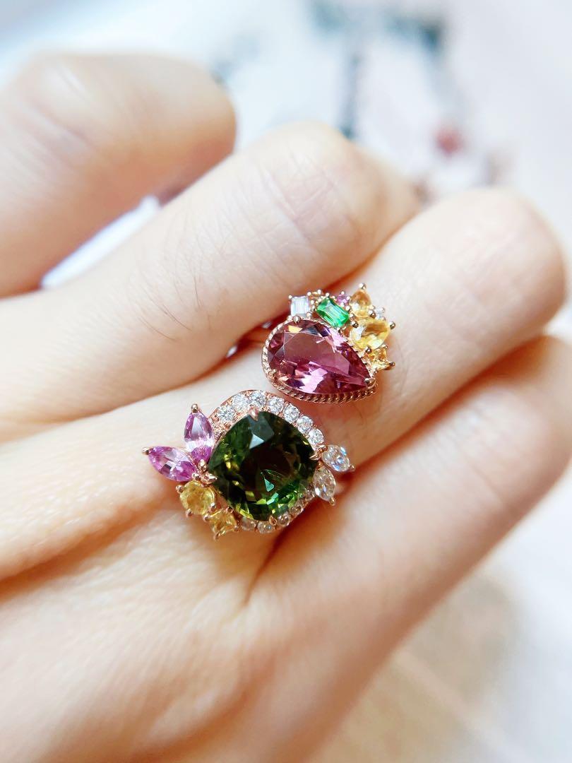 雙石款天然綠色粉紅色碧璽14k金寶石戒指/ 碧茜/ 電氣石Natural Twin Gemstones Green and Pink Toumaline Moissanite 14K Rose Gold Ring, Anniversary / Engagement, October Gemstone, 雙石款天然綠色粉紅色碧璽14k金寶石戒指/ 碧茜/ 電氣石Natural Twin Gemstones Green and Pink Toumaline Moissanite 14K Rose Gold Ring, Anniversary / Engagement, October Gemstone,