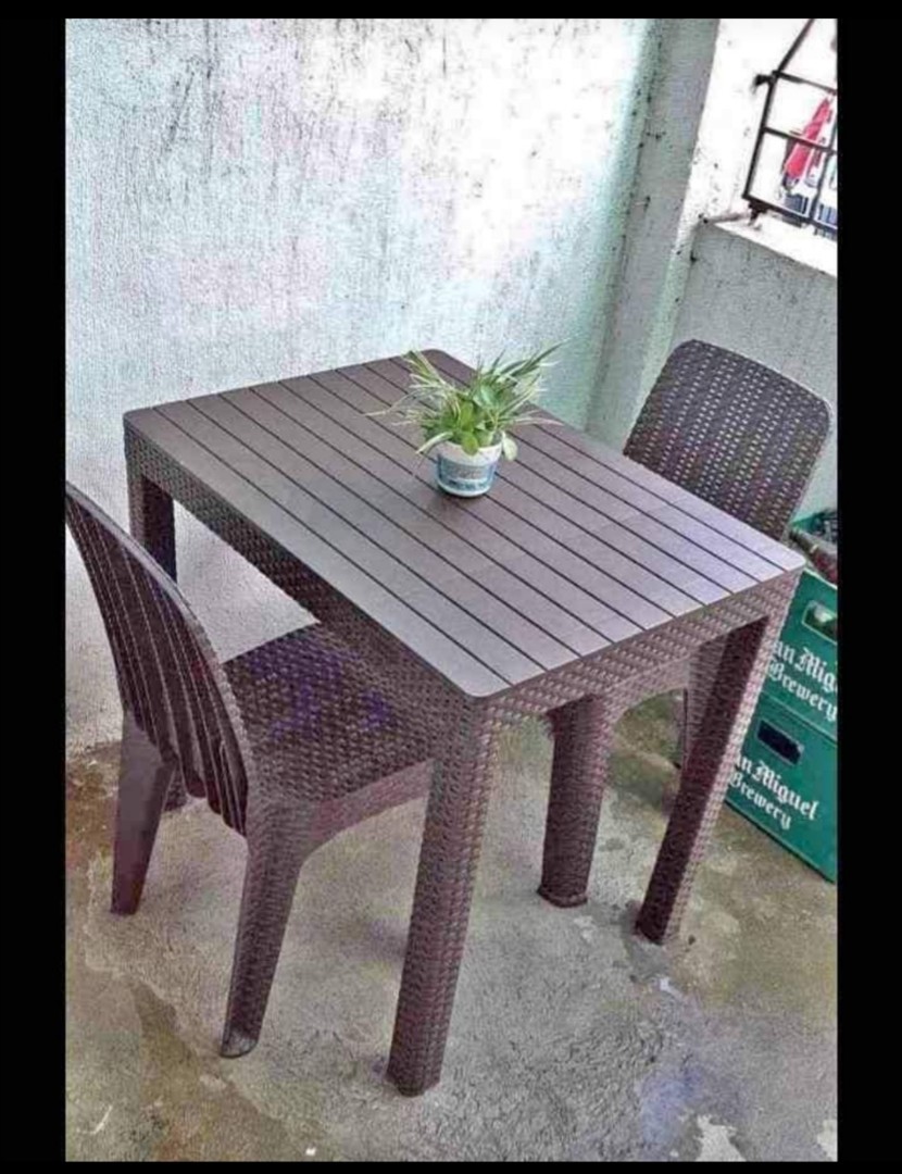 PLASTIC RATTAN TABLE CHAIR SET, Furniture & Home Living, Furniture ...