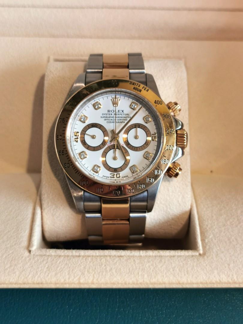 Rolex Daytona (Category: Luxury Watches) located in Quezon City. Submitted by katzzzu (Listing ID 1105420450, Image 3). Description: -Rolex Daytona Zenith -2 tone yellow gold -Diamond studded dial -w/ RSC authentication -w/ extra links -1999 model.