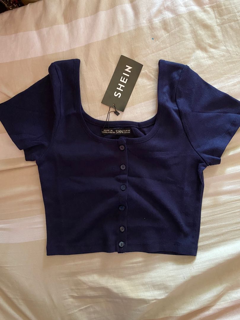 SHEIN NAVY BLUE BUTTON DOWN CROP TOP, Women's Fashion, Tops, Blouses on  Carousell