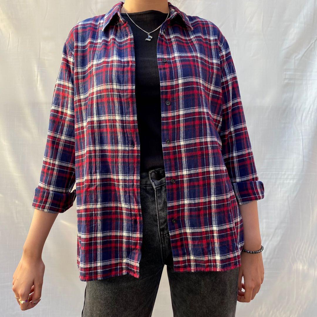 UNIQLO NAVY RED FLANNEL, Fesyen Wanita 
