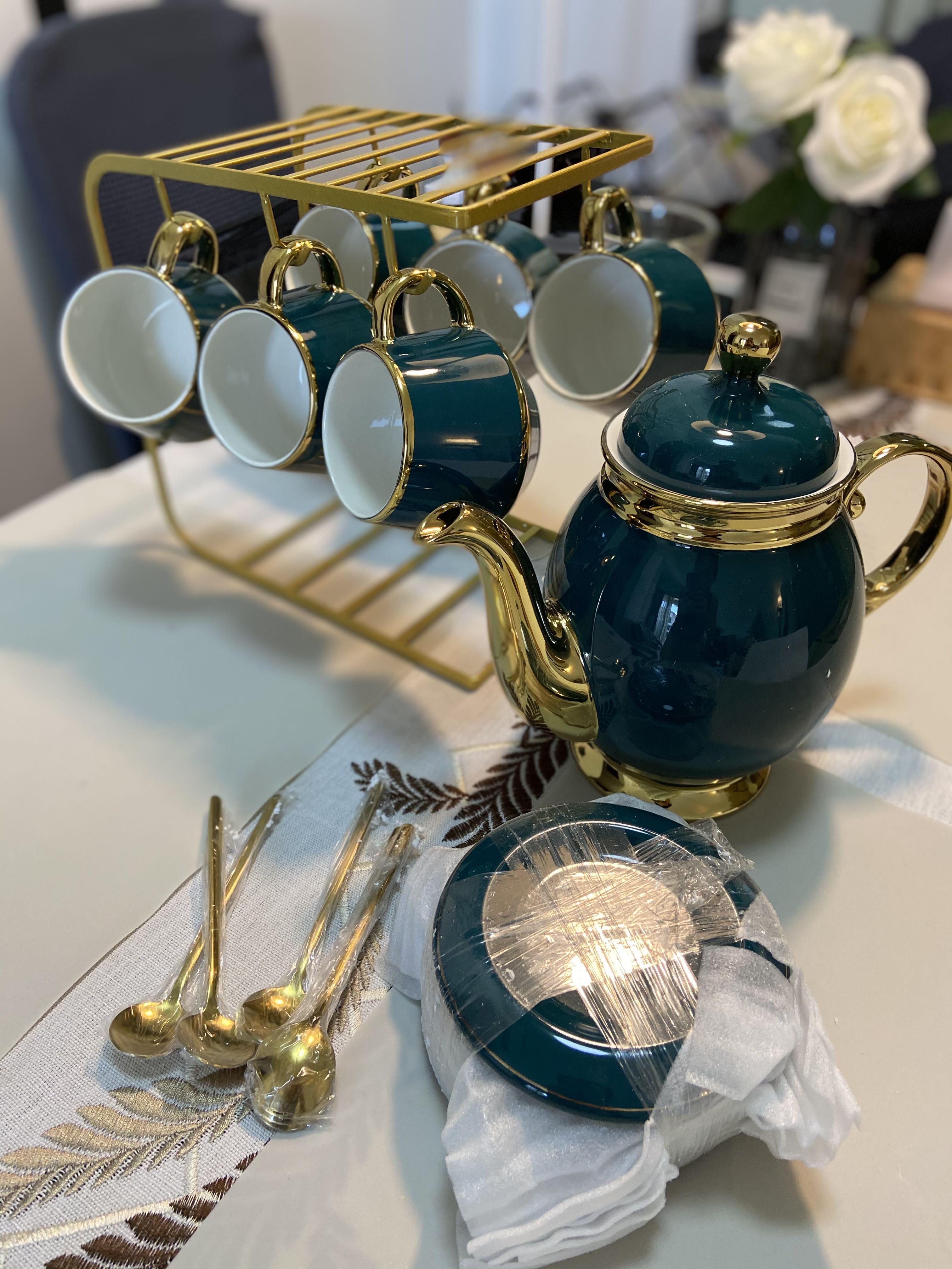 Brand New Green/Gold Afternoon Tea Teapot Set Teacups Holder Spoons