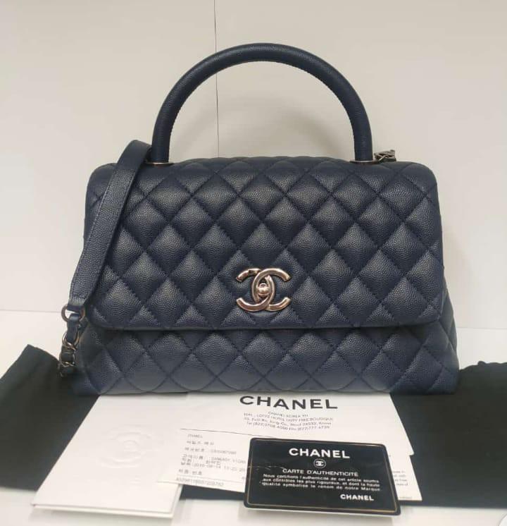 Preloved Chanel Coco Handle Medium Bag Blue Caviar Leather GHW