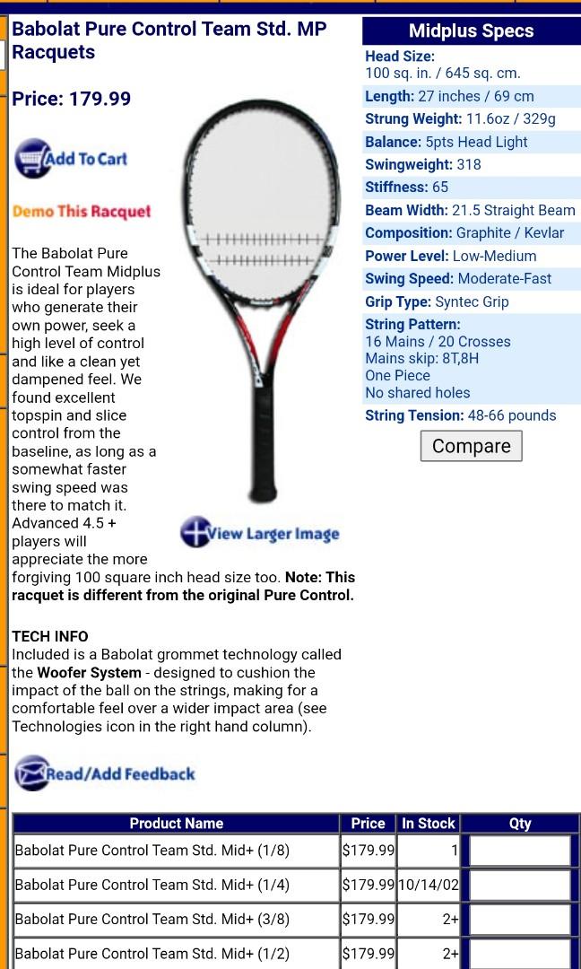 Babolat Pure Control Team 網球拍tennis racquet racket, 運動產品