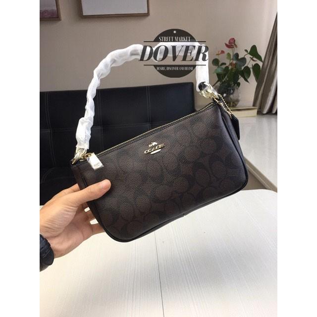 Coach Top Handle Pouch in Signature Mahogany Black, Barang Mewah, Tas