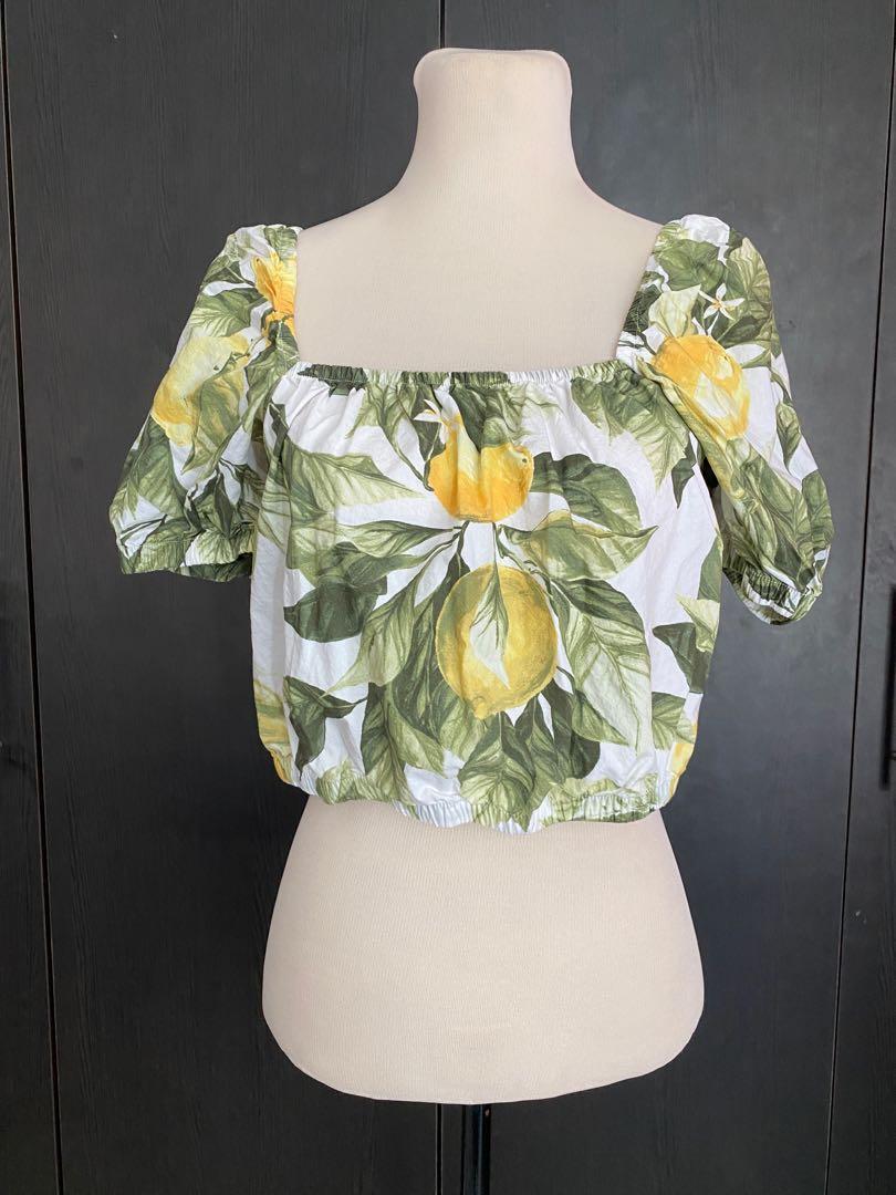 H M Lemon Print Puff Sleeve Women s Fashion Tops Blouses on