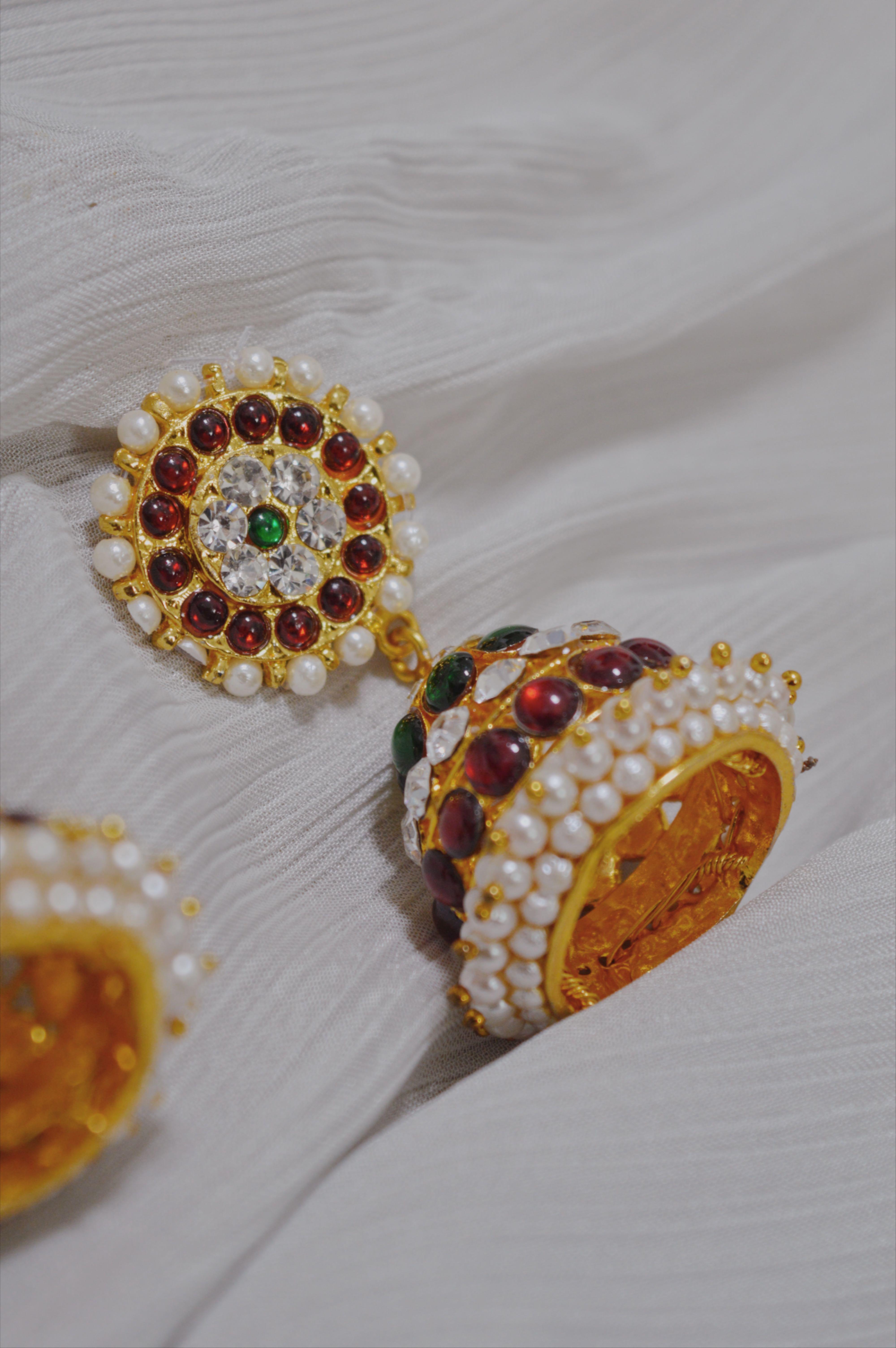 Red stone and pearl jhumkas shop