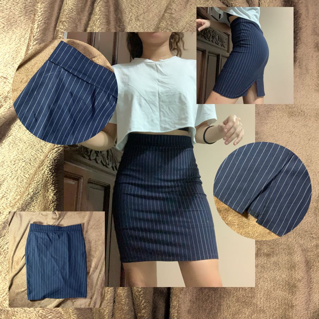 Navy Blue Striped Pencil Skirt Women S Fashion Bottoms Skirts On Carousell