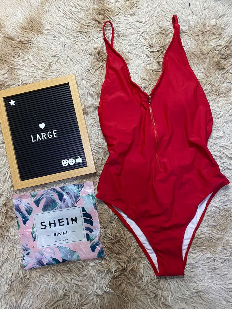 Shein Red One Piece Swimsuit Women S Fashion Swimwear Bikinis Swimsuits On Carousell