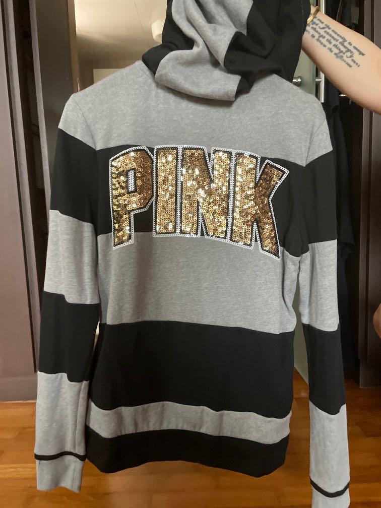 victoria secret s PINK stripe bling hoodie Women s Fashion Coats Jackets and Outerwear on Carousell