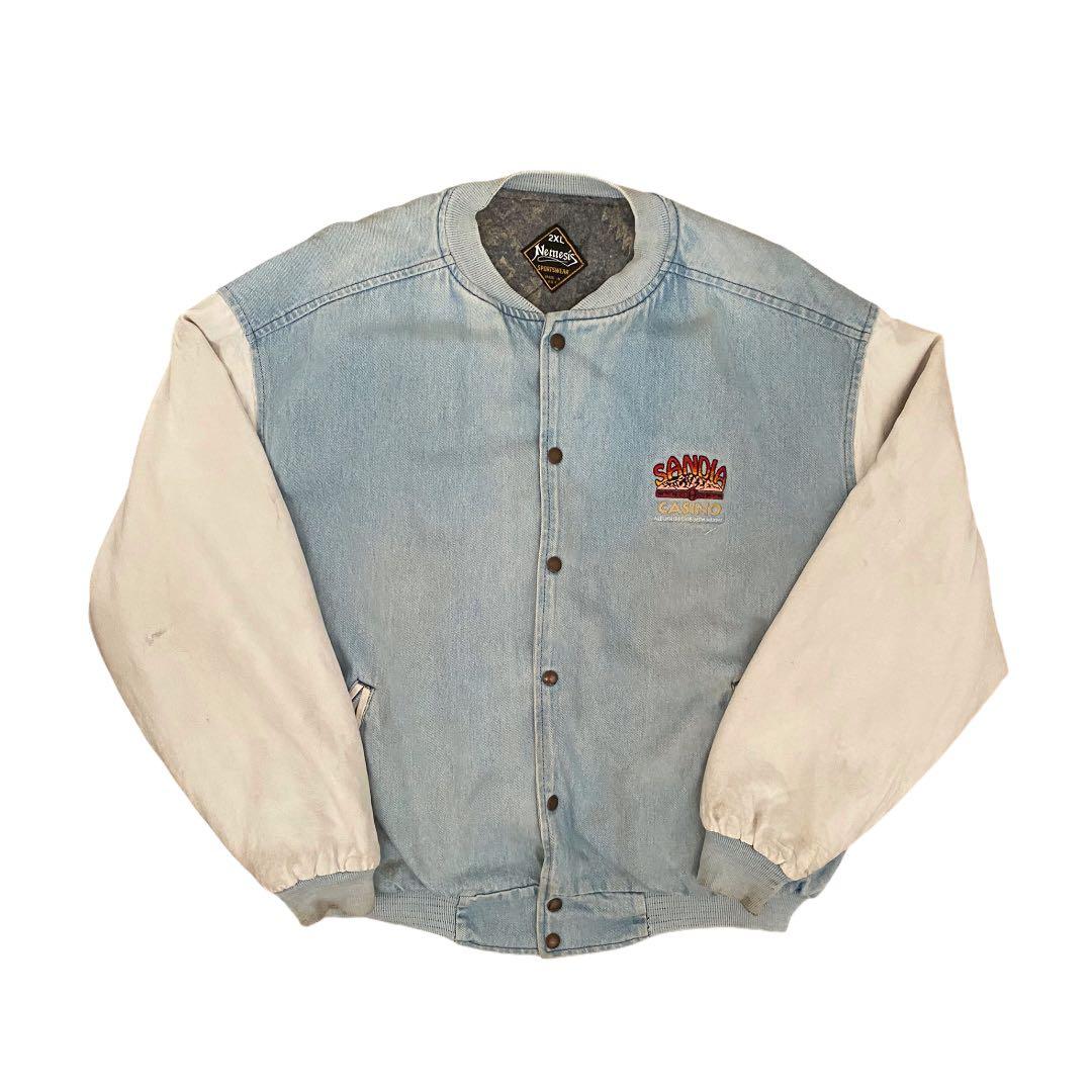 Men's washed vintage sales denim varsity jacket