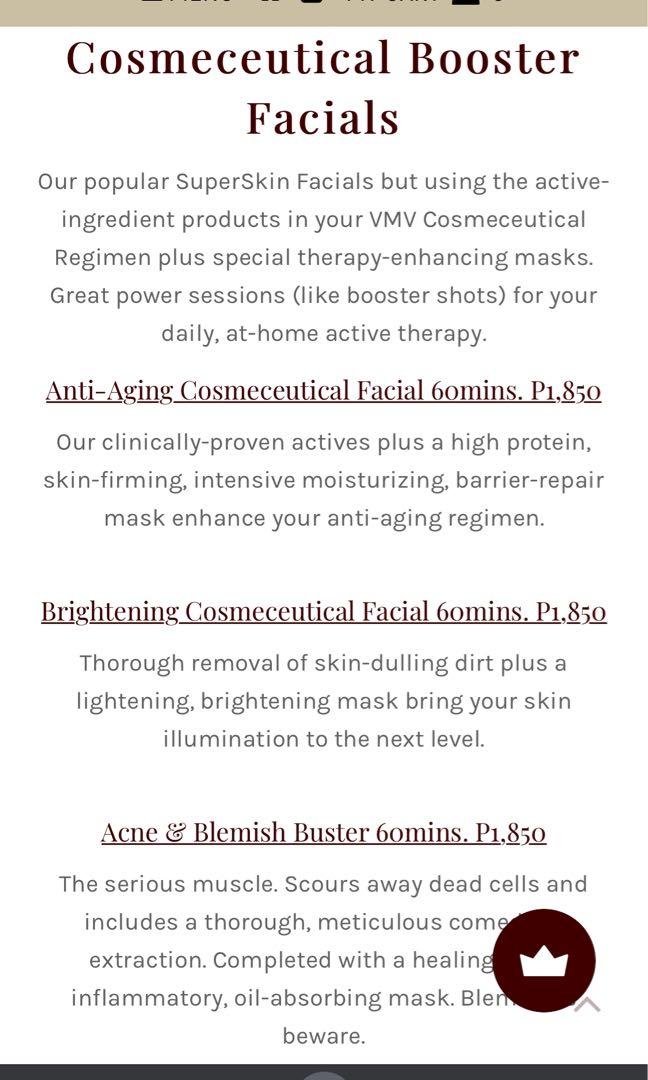 Vmv facial gift certificates (Category: Face Care) located in Manila. Submitted by bunanni (Listing ID 1105923111, Image 2). Description: I have 5 of these that I bought awhile back. Valued at P1850 each. Selling at a lower price at P1500 each. You can use this GC at any VMV and avail of the facial services. Just book an appointment and bring the certificate. ✅Anti aging ✅Brightening ✅Acne and Blemish After your facial, the certificate also entit